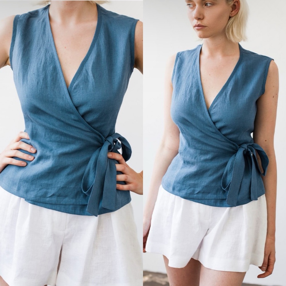Linen Handmade Studio Blue Sleeveless Wrap Top